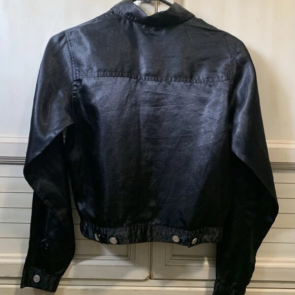 Vintage Satin Black Button Up Jacket Front Pockets Small Y2K 90s Instant Action - Picture 3 of 3
